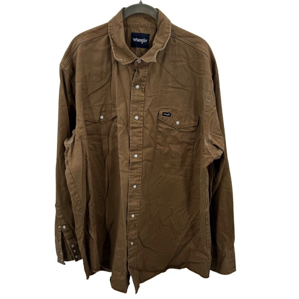 Wrangler Pearl Snap Mens XXL Tall Brown Western Shirt Cotton Long Sleeve